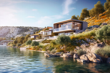 Fototapeta na wymiar Modern luxury house, villa with panoramic windows by water in mountains. Landscape with residential mansion, river, forest and sky in summer. Concept of design, nature, travel