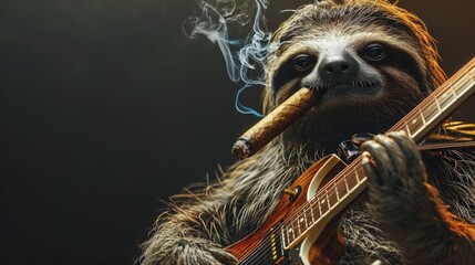 A satisfied rock sloth, smoking a cigar with an electric guitar, on a dark background