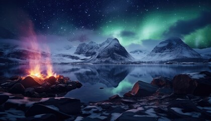 Naklejka premium View of night sky with multicolored aurora borealis and snowy mountains peak background. Night glows in vibrant aurora reflection on the lake with forest. 