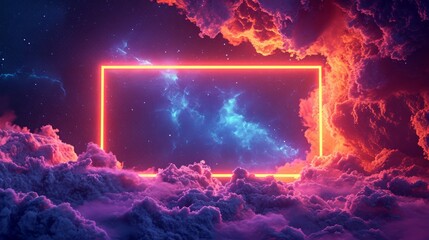 Rectangle, Square Frame Design, glowing in the dark. Retro style. Glow Neon Design for Graphic Design, Banner, Poster, Flyer, Brochure, Card. In smoke space background with clouds.