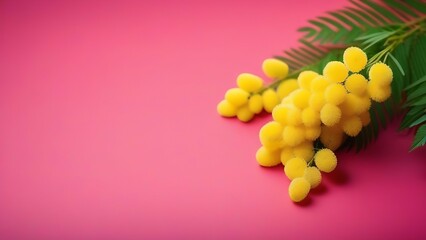 a sprig of yellow mimosa flowers with green leaves on a pink background with a free place to insert text, the concept of a greeting card for the spring holiday and international Women's Day