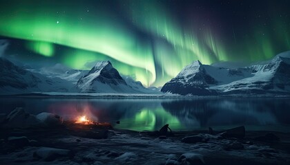 Fototapeta premium View of night sky with multicolored aurora borealis and snowy mountains peak background. Night glows in vibrant aurora reflection on the lake with forest. 