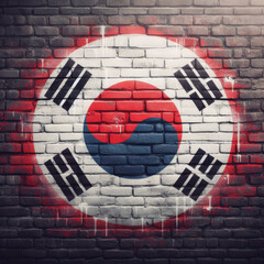 Urban Expression: Grunge Art Featuring the Flag of South Korea on a Brick Wall