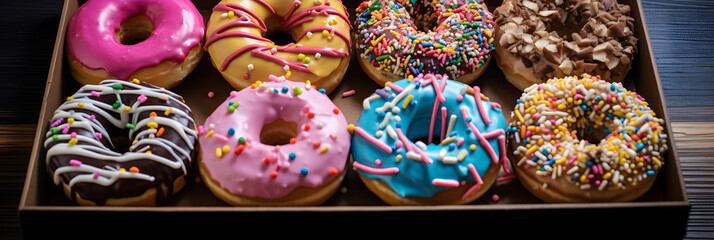 A delectable display of various colorful glazed donuts - a mouth-watering treat for donut enthusiasts.
