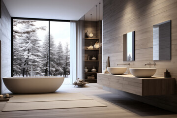 Neutral color minimal design bathroom interior with modern decoration