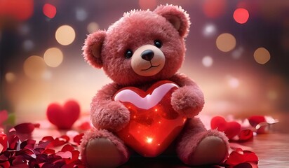 Fototapeta premium A Captivating Closeup of a Hot Red Diamond Heart , Embraced by a Beautiful Smiling Teddy Bear on a Shiny Landscape, Perfect for Valentine's Day, Valentines day concept