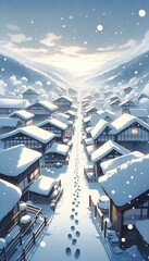 Winter Wonderland, Snow-Covered Village Scene - obrazy, fototapety, plakaty
