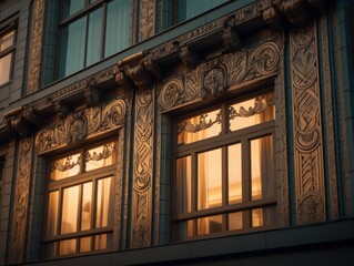 Art deco-inspired building facade with intricate details and ornamentation, taken at dusk