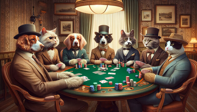 This image portrays anthropomorphized dogs and cats dressed in vintage clothing, engaged in a serious game of poker in an old-fashioned room.Gambling concept. AI generated.