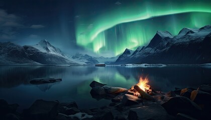 Fototapeta premium View of night sky with multicolored aurora borealis and snowy mountains peak background. Night glows in vibrant aurora reflection on the lake with forest. 