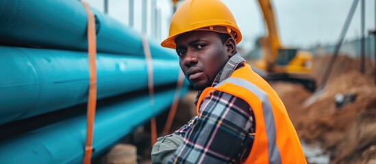 African American male engineer inspecting sewer pipes at construction site.