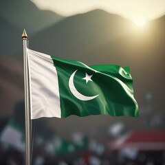 Pakistan National Flag on Flagpole at Night, Cityscape Background 3D Rendering - obrazy, fototapety, plakaty