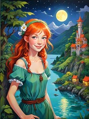 Redhead Girl cartoon character with anime style in front of paradise palace and mountain and river 01