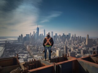 Fototapeta na wymiar Construction worker wearing a hardhat and harness, standing atop a partially constructed steel beam high above the city