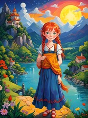 Redhead Girl cartoon character with anime style in front of paradise palace and mountain and river 02