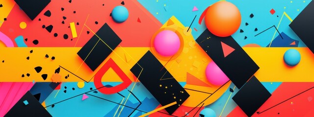 Abstract visual cacophony of geometric forms and neon hues, symbolizing energy and digital vibrancy in a contemporary graphic composition.