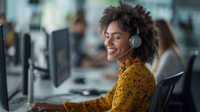L&auml;chelnde Telefonistin im B&uuml;ro im Kundengespr&auml;ch