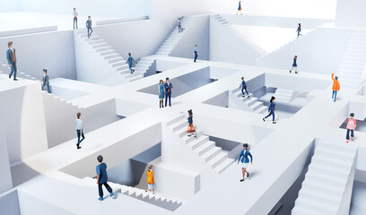 Abstract environment with lots of stairs and business people walking up and down, representing business activity. 3D rendering - obrazy, fototapety, plakaty