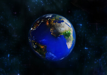 Beautiful planet Earth in space surrounded by stars and galaxies. 3D rendering illustration