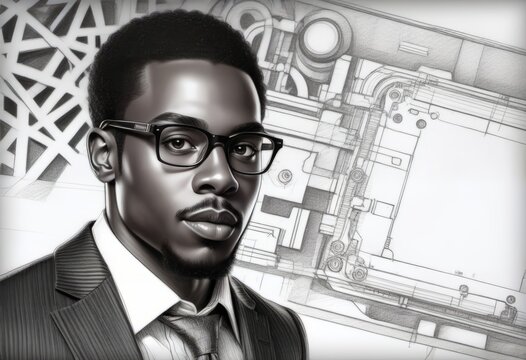 The image is a digital drawing of a man wearing glasses and a suit and tie. He is looking to the side with a serious expression. The background features a blueprint-like design.