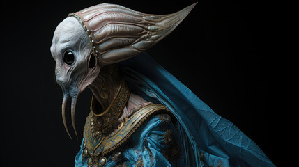 Naklejka premium Non-human biological alien creature in blue traditional suit, UFO concept. Generative ai