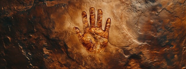 Beautiful metal and stone golden brown background, rock cave handprint carved or painted on the wall, human hand print outline or contours centered mural painting, ancient fresco wallpaper, stop sign - obrazy, fototapety, plakaty