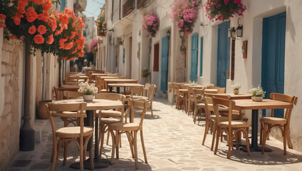 Summer cafe on the street in Greece - obrazy, fototapety, plakaty