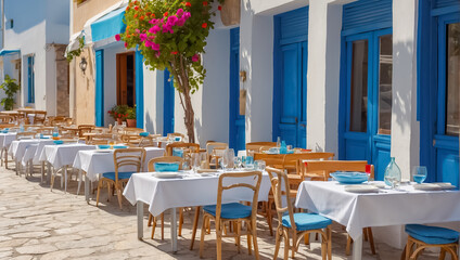 Summer cafe on the street in Greece outdoor - obrazy, fototapety, plakaty