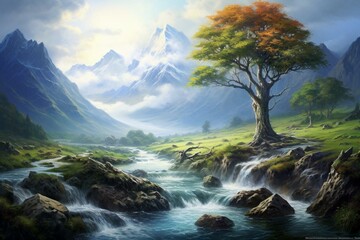 A mature tree thrives near a flowing brook, with stunning mountains in the backdrop. A breathtaking nature scene. Generative AI