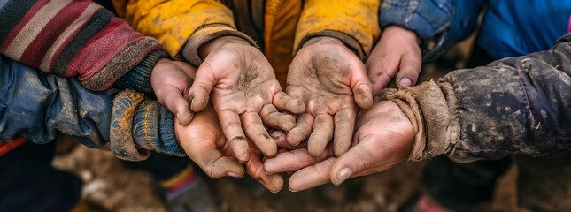 Exploited children's dirty hands close up, miserable kids holding sand, dirt, earth, soil or mud, living in poverty, victims of inequality, human exploitation symbol, working in metal mines industry