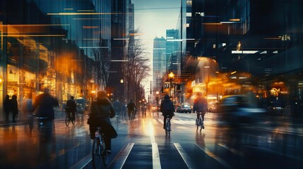 People riding a bicycle in the rain on a rainy day. Blurred background