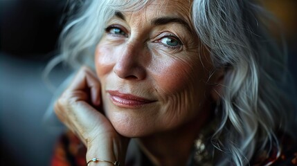 Portrait of a beautiful senior woman with grey hair and green eyes, relaxed and  looking to camera
