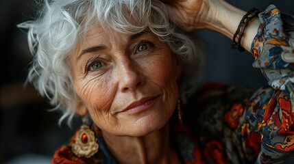 Portrait of a beautiful senior woman with grey hair and green eyes, relaxed and  looking to camera - obrazy, fototapety, plakaty