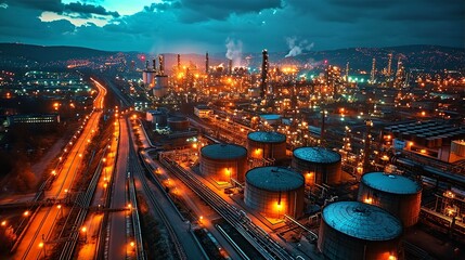 Aerial view of big  oil refinery plant at night with beautiful lights. Industrial landscape. - obrazy, fototapety, plakaty