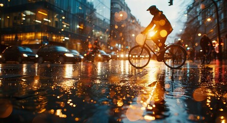 Man riding a bicycle in the rain on a rainy day. Blurred background