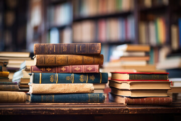 Old books stacked on blurred background. Generative ai
