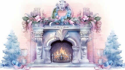 Watercolor illustration of a New Year's fireplace on a white background. Neural network AI generated art