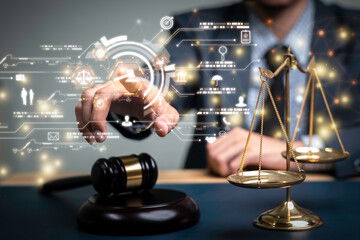 Justice lawyers with Judge gavel, Attorney in suit or lawyer Hiring lawyers in the digital system....
