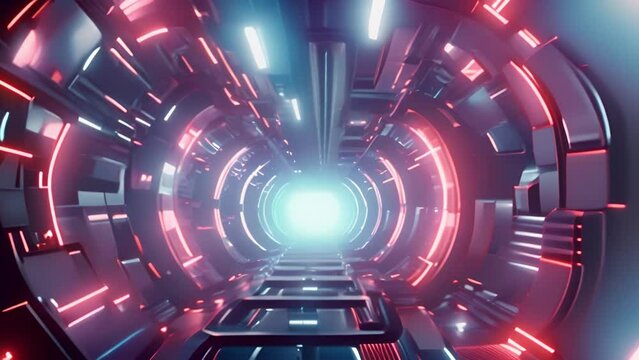 Scifi virtual tunnel. Astronaut walking in spaceship tunnel, sci-fi shuttle corridor. Futuristic abstract technology. Technology and future concept. Flashing light. 3D animation moving