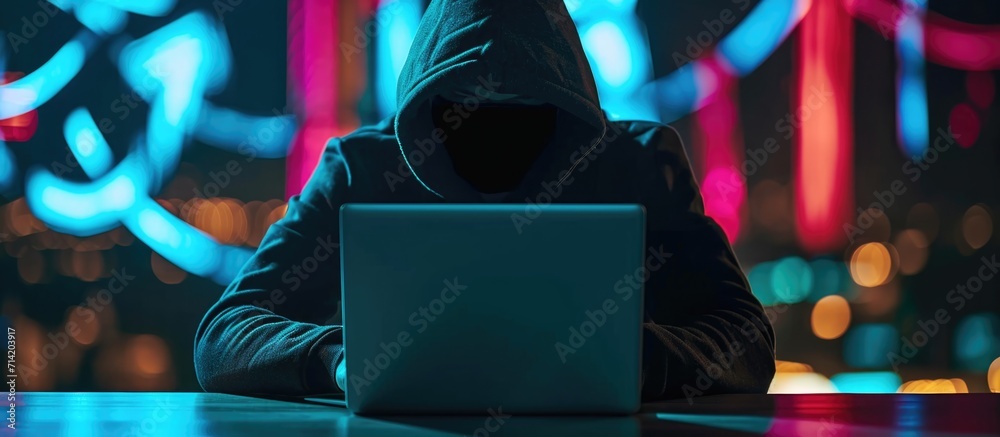 Poster anonymous hacker using laptop for cybercrime and hacking.