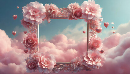 A Lovely Sky with Clouds and a 3D Flower and Pink Frame