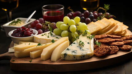 various types of cheese in wooden box on white wooden table, top view