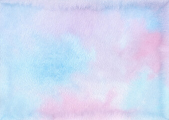 Watercolor abstract pink lilac blue background with gradient hand-drawn. A banner for a holiday, decoration and design with a place for text. An empty ambergris template in pastel shades.