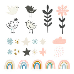 abstract vector birds, flowers and rainbows in soft pastel colors.