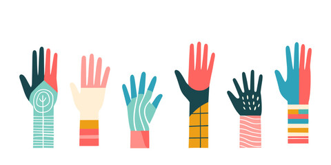 Multicolored vector hands with patterns on a white background.