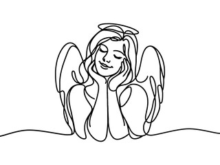 vector linear image of a smiling angel with wings and halo.