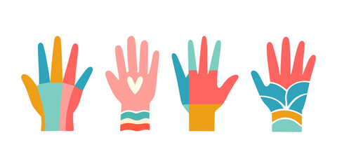 Vector hands with geometric patterns in a bright palette.