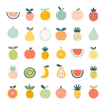 Bright vector illustration of various fruits in cartoon style.