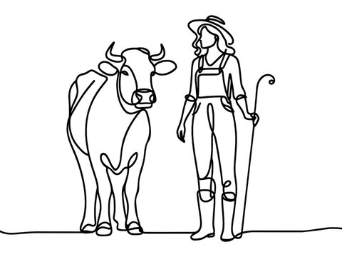 Line drawing of a farmer and a cow on a white background.