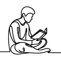 a linear little man sitting and reading a book against a white background